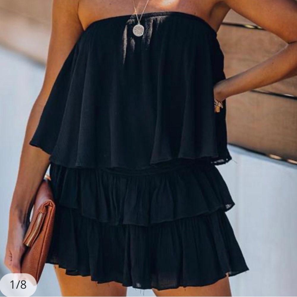 Bandeau layered ruffle cutout black romper chic me size small